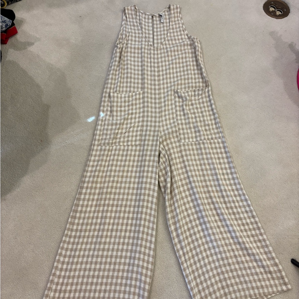 Rachel Pally Checked Wide-Leg Jumpsuit in Beige and White